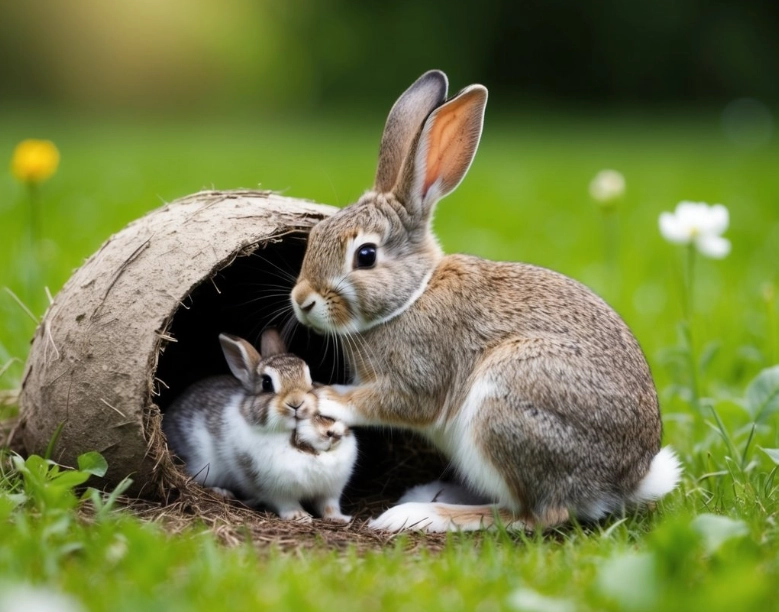 baby bunnies with mother
